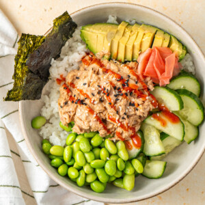 Close up of a spicy tuna sushi bowl.