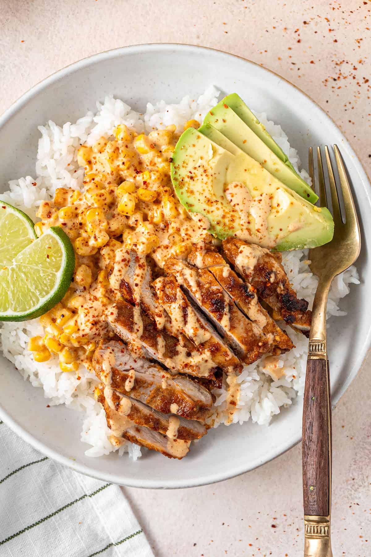 Close up of the assembled street corn bowls.