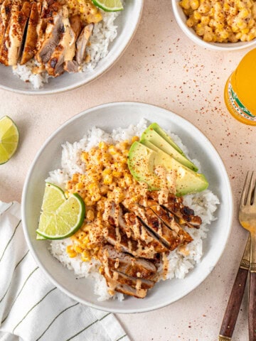 Street corn chicken rice bowls with avocado.