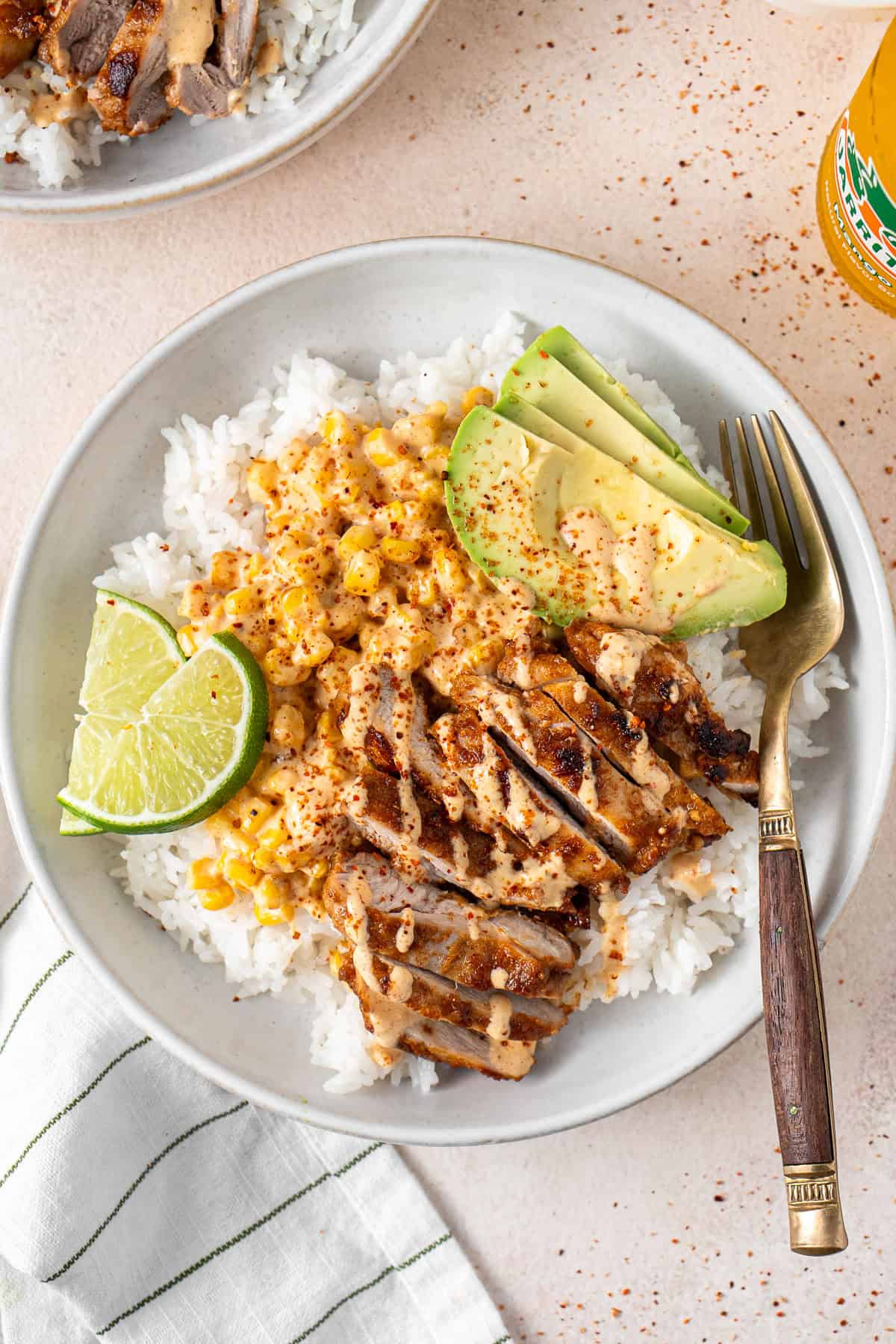 Close up of the assembled dairy free street corn bowl with avocado.