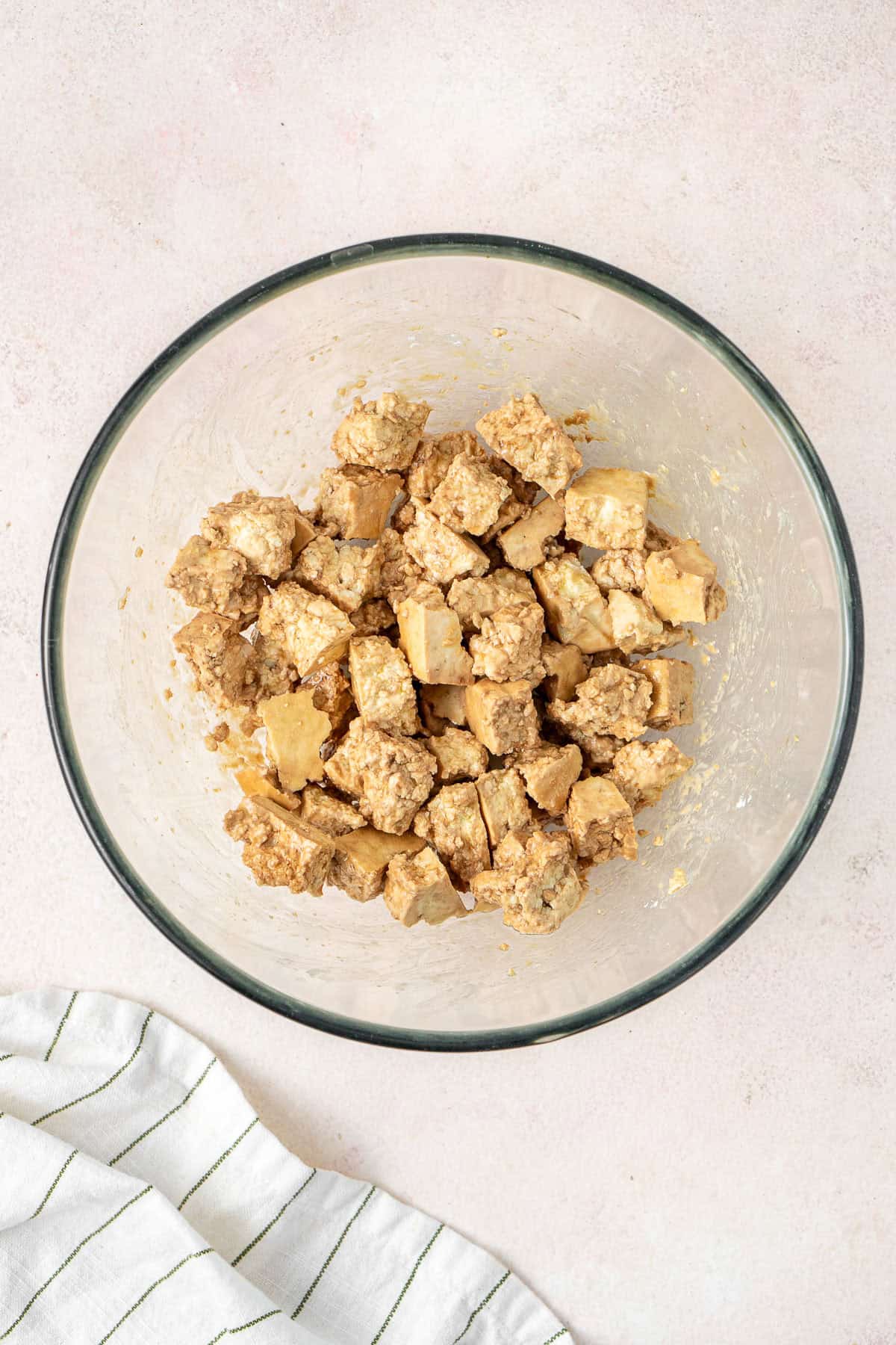 The tofu pieces in a bowl.