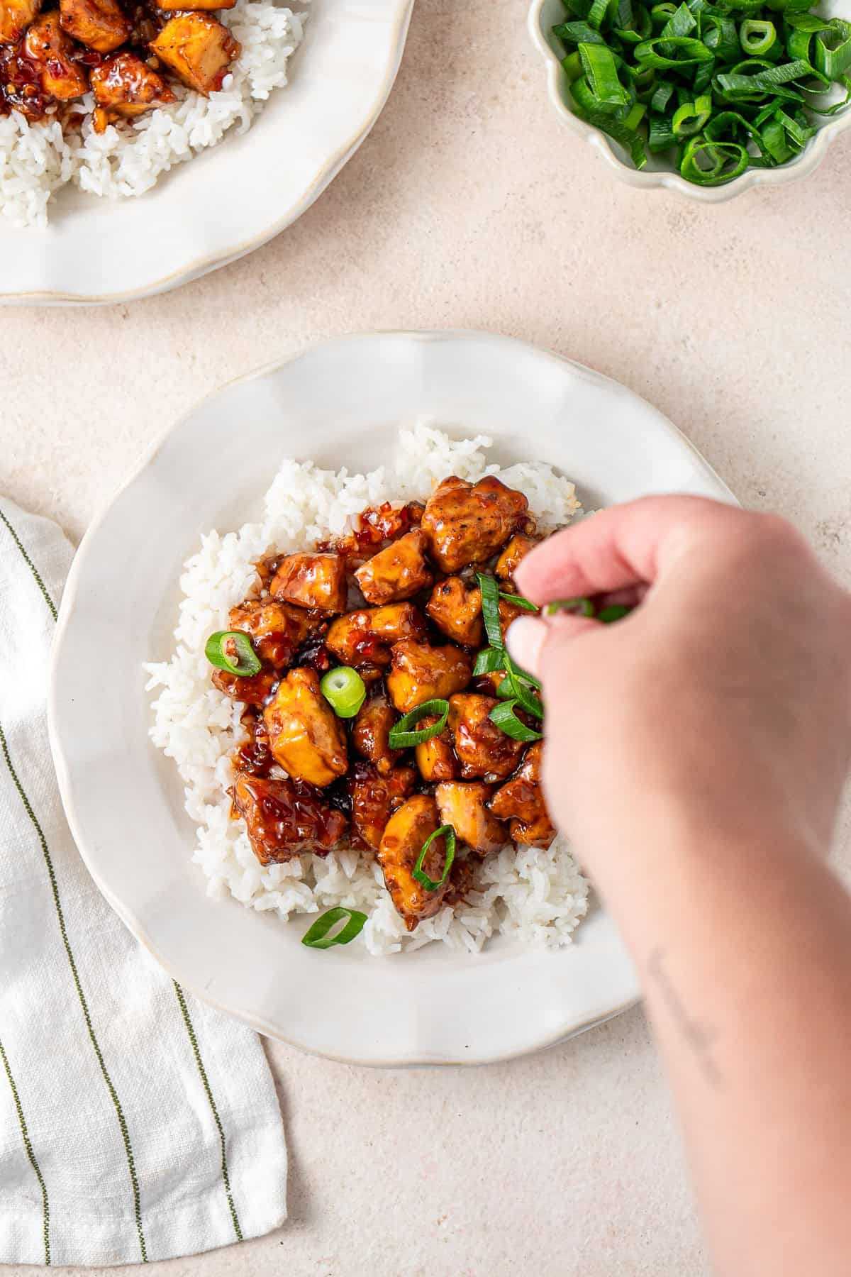 The tofu served over rice with a hand sprinkling over spring onion.